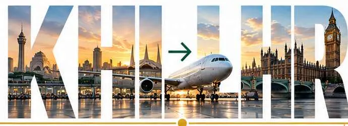 KHI to LHR: Karachi and London landmarks spelled into the route, with a plane between them