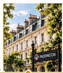 A white terrace near Paddington, with the Paddington station sign